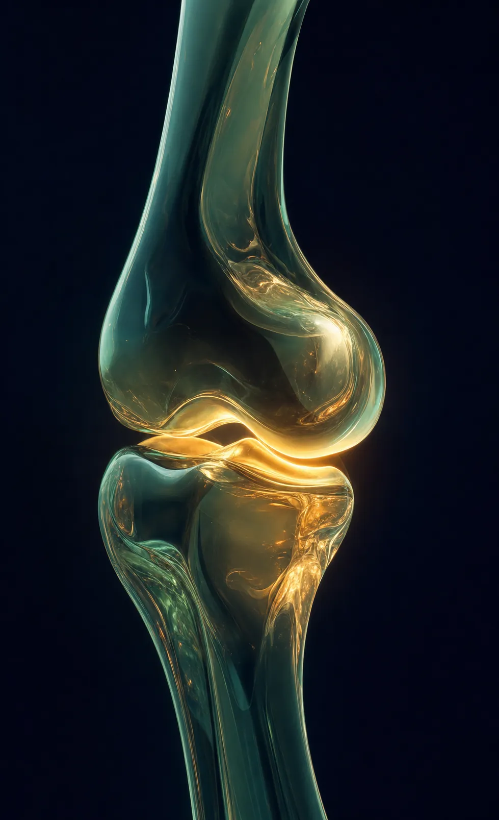 Abstract translucent knee joint forms glowing with warm golden light