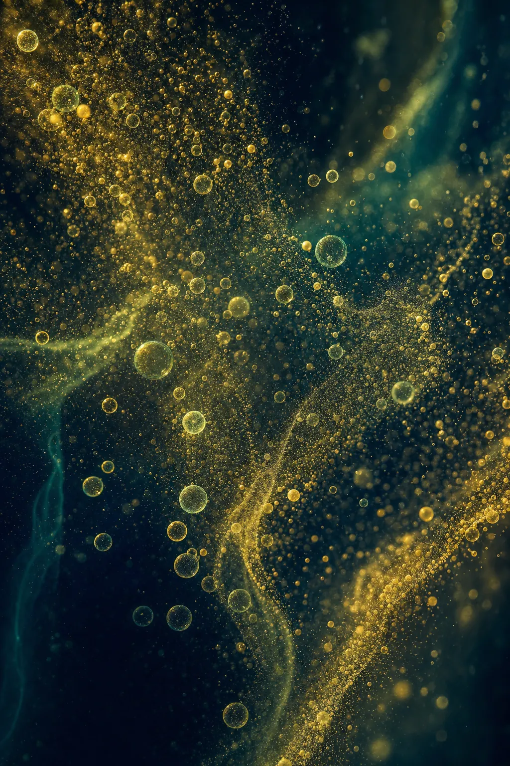 Abstract golden mist of microscopic luminous spheres in dark fluid