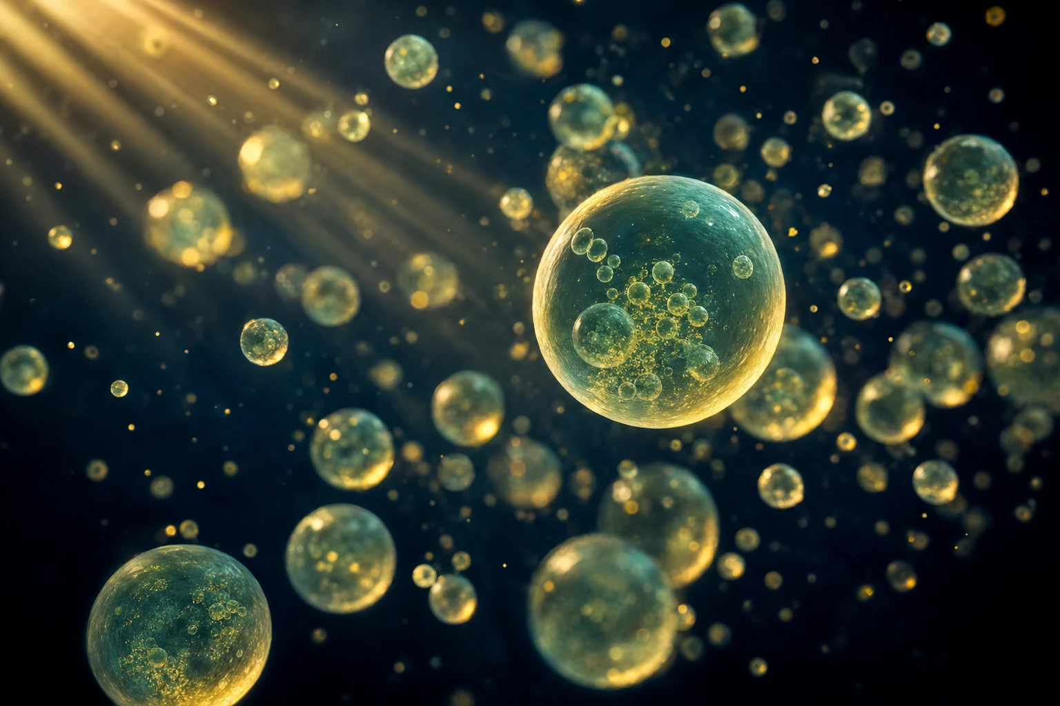 Golden microscopic vesicles suspended in navy fluid with soft rays of light