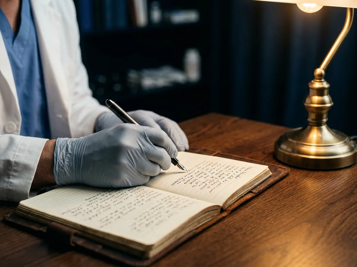 A physician's gloved hand writing careful notes in a leather clinical notebook under a warm brass lamp