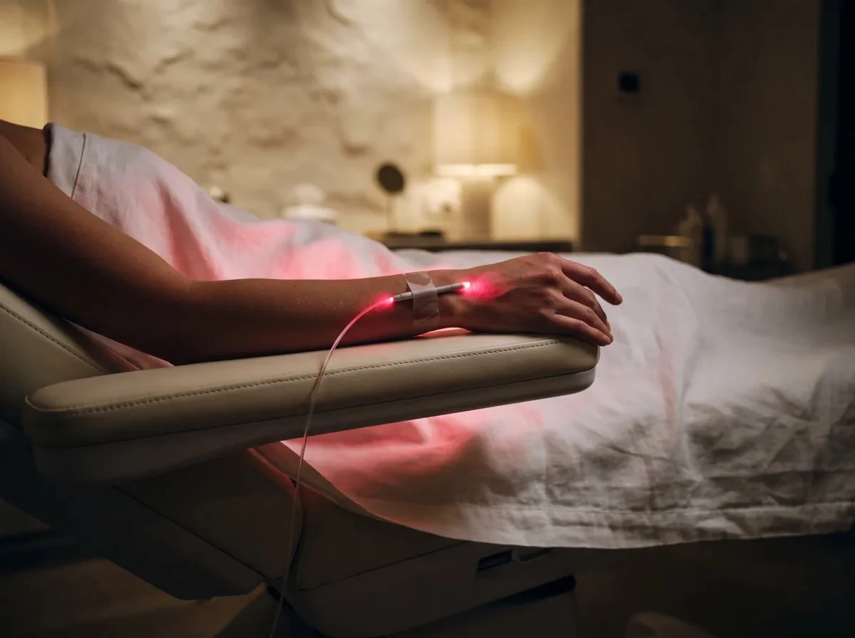 A guest resting in a private R2 suite during an ILIB session — a fine laser fibre taped over the forearm vein, warm lamplight and cream linens