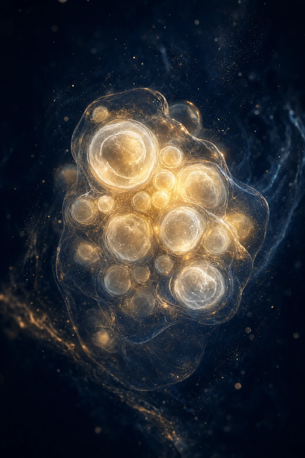 A luminous cluster of translucent cellular spheres with warm golden cores