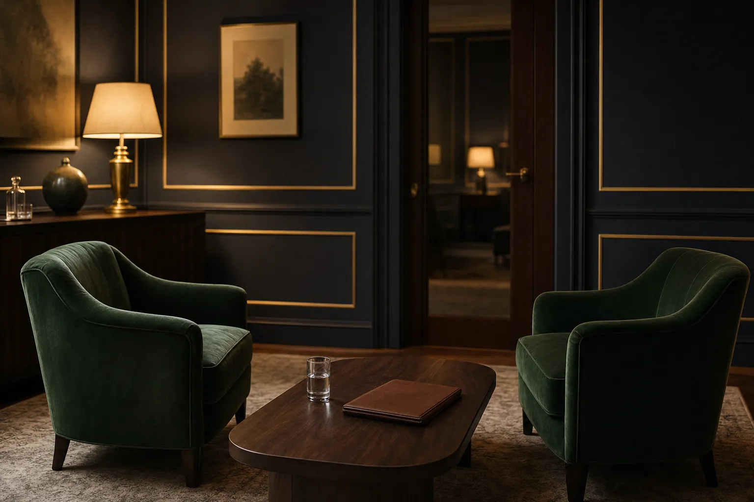 A private consultation room with two emerald green armchairs and warm lamp light