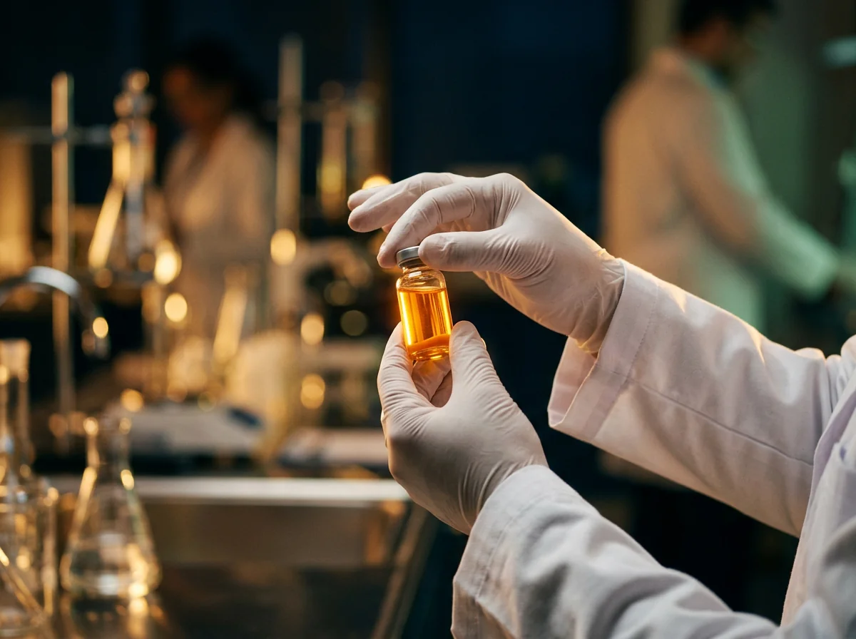 Gloved hands of a physician holding a small glass vial of amber regenerative serum in a warm laboratory setting