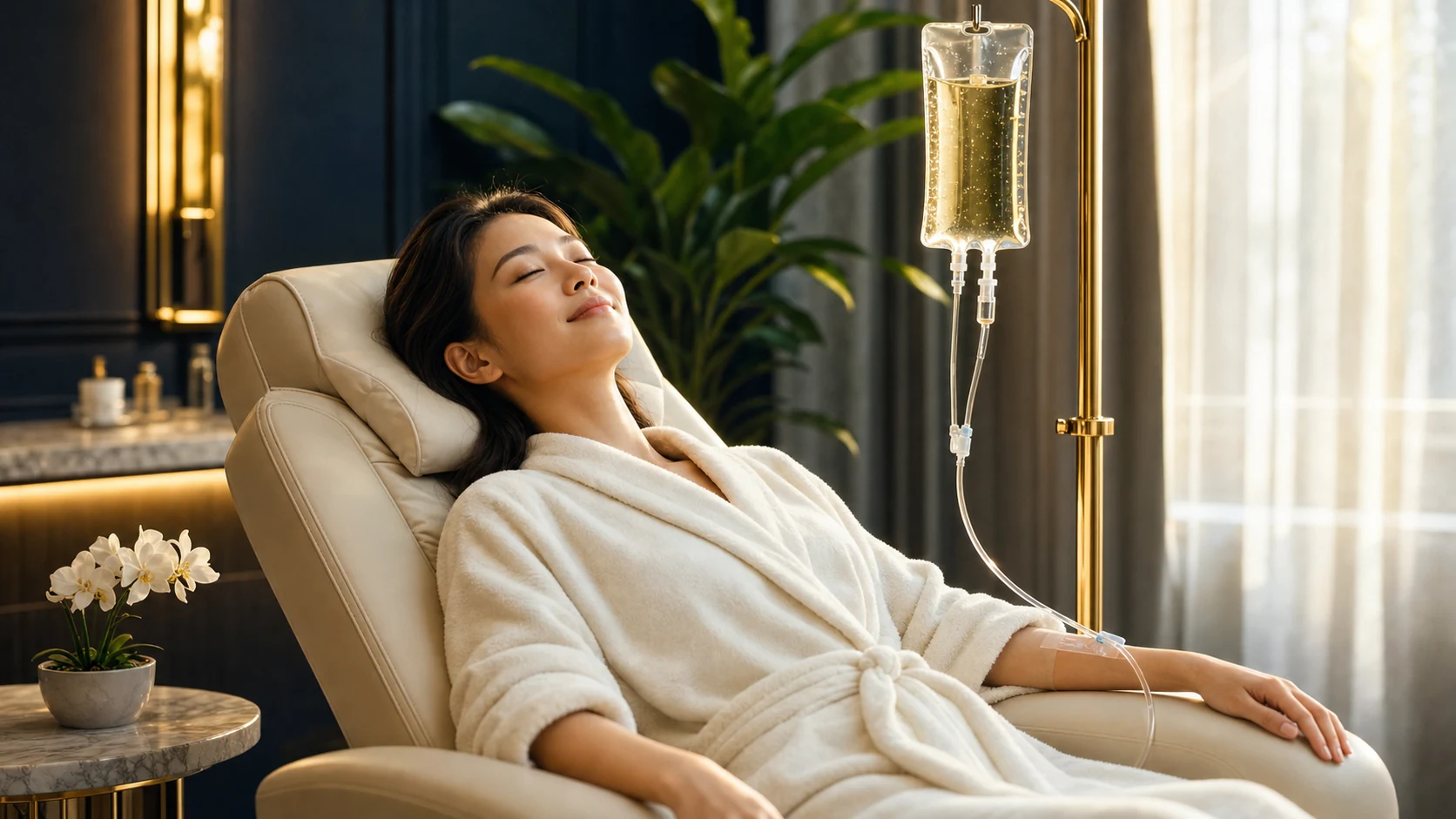 A guest reclining in a private R2 suite during an Anti-Aging Drip session — soft golden infusion in the morning light