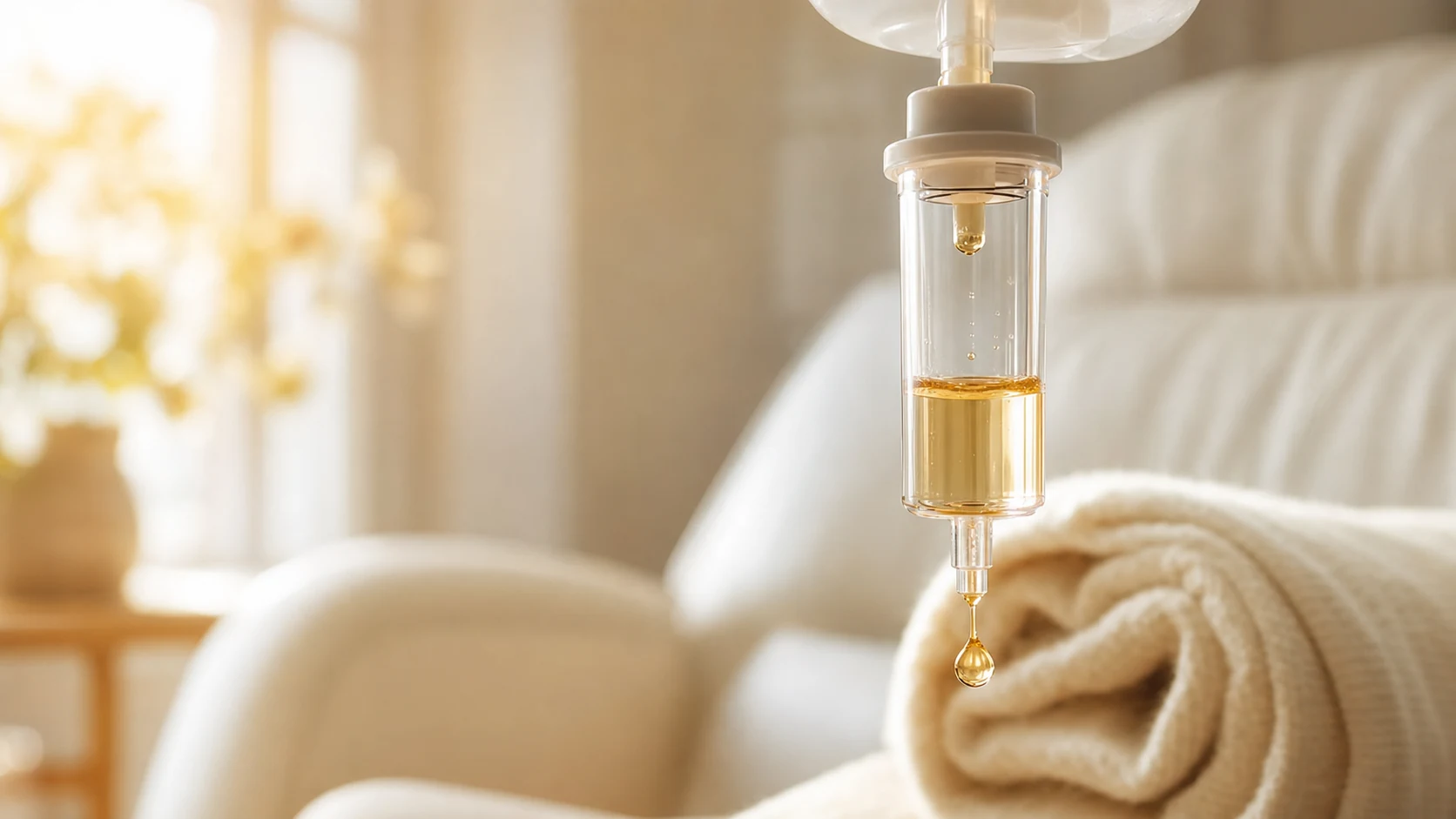 Close-up of a crystal IV drip chamber with a single amber droplet caught mid-fall, warm morning light, soft cream cashmere throw on a linen-white recliner behind