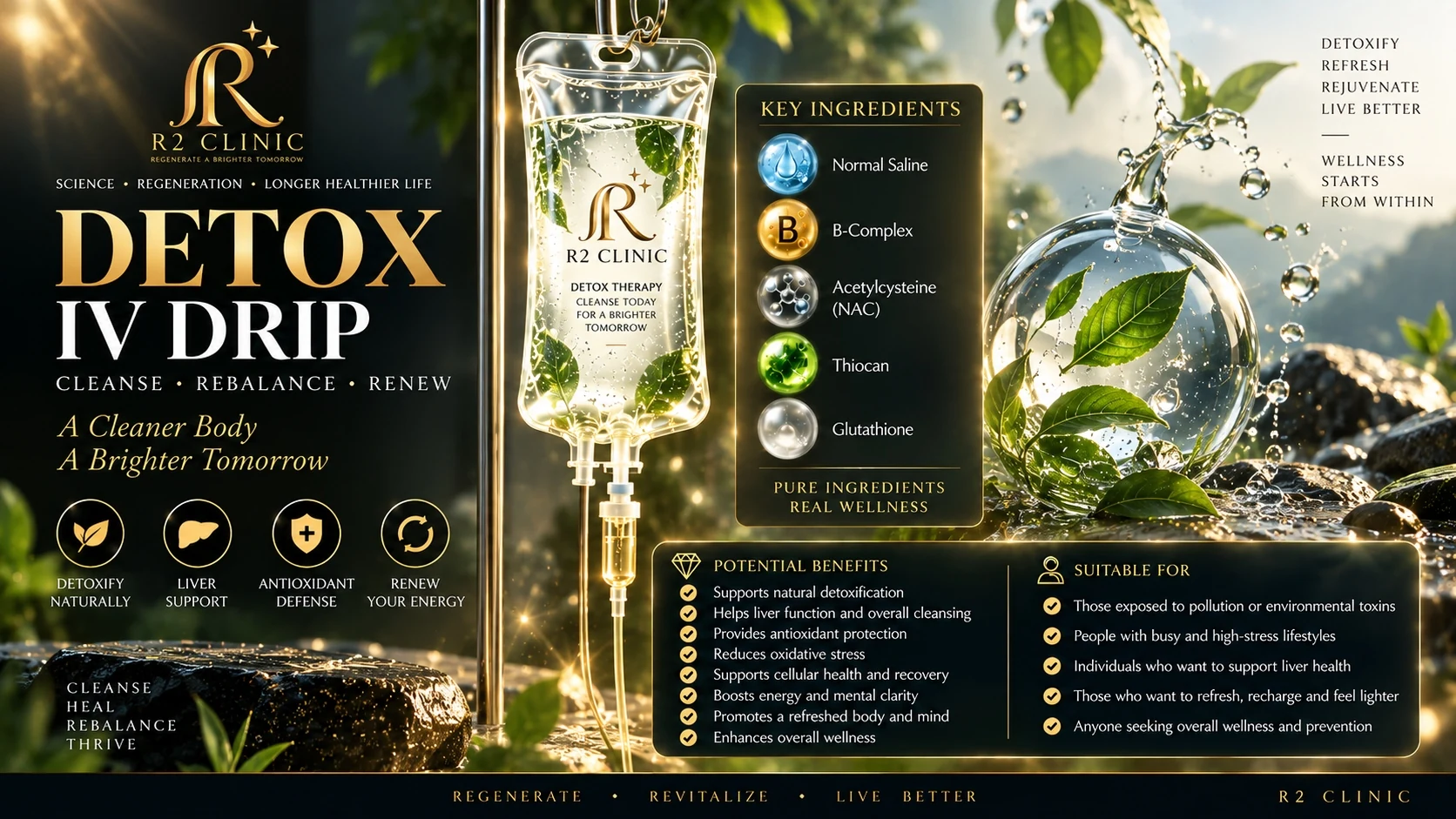 Editorial poster of the R2 Clinic Detox IV Drip: cleanse, rebalance, renew &mdash; drip bag with fresh green leaves and morning light, key ingredients labelled (normal saline, B-complex, N-acetylcysteine, thiocan, glutathione), with potential benefits and suitable-for lists