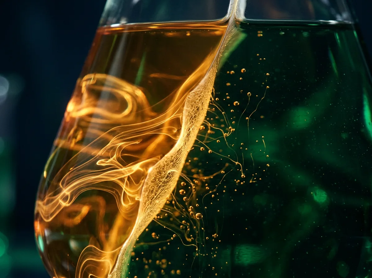 Amber fluid separating from emerald fluid through a translucent membrane, golden threads dispersing