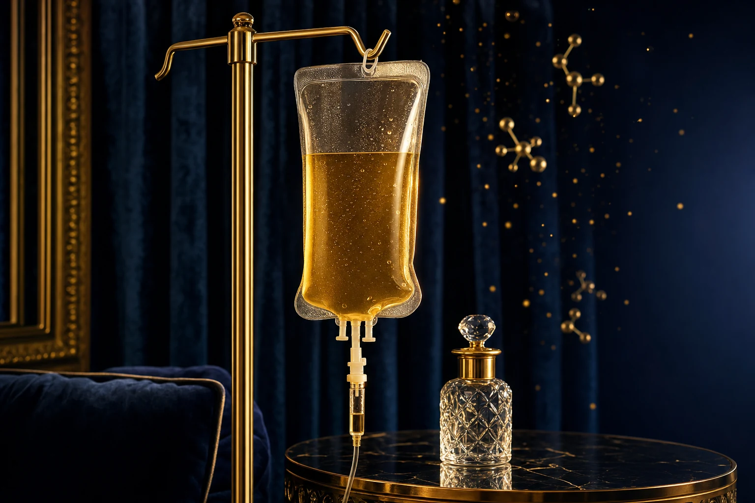 A golden amber IV drip bag on a polished gold stand, deep navy velvet backdrop, gold molecular clusters floating in the air beside a crystal apothecary bottle on dark marble