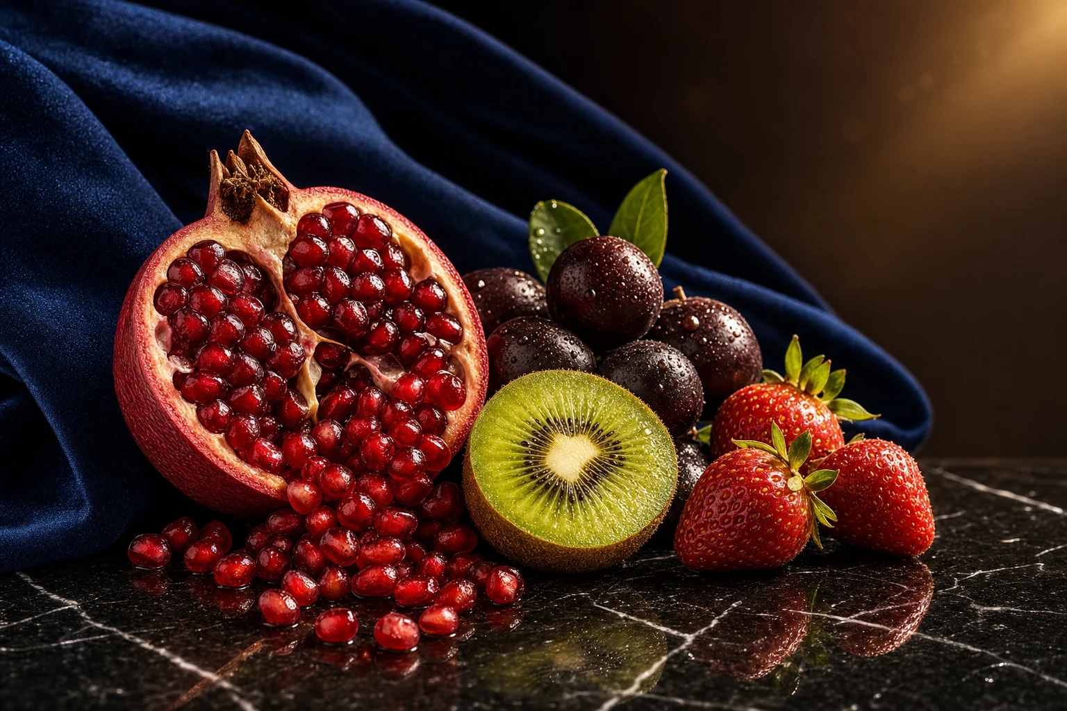 Editorial still-life on polished black marble against navy velvet: a split pomegranate with ruby seeds spilling, halved kiwi with emerald flesh, dew-fresh strawberries and dark camu-camu berries, warm golden rim light