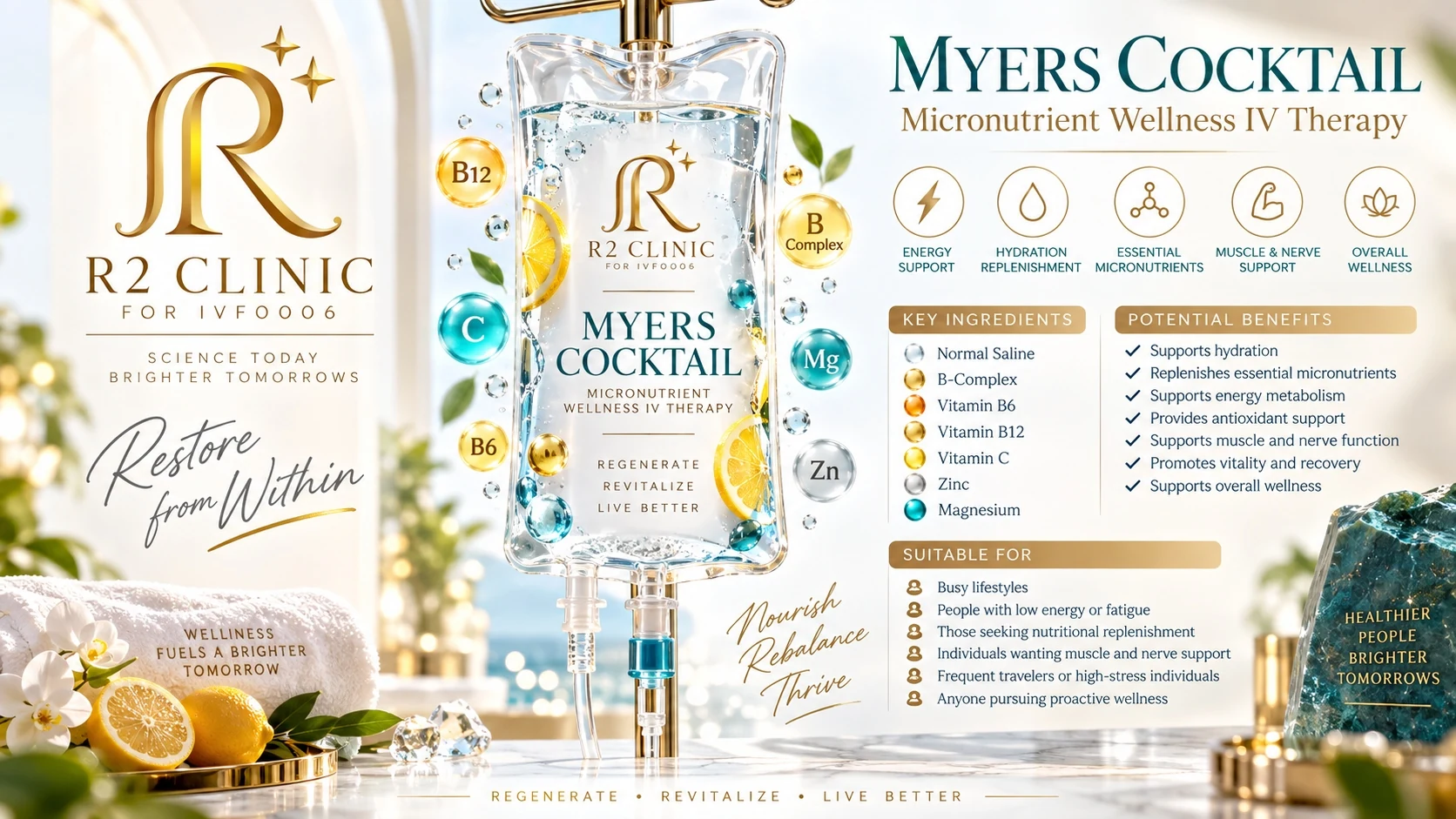 Editorial poster of R2 Clinic Myers Cocktail Micronutrient Wellness IV Therapy &mdash; key ingredients labelled (normal saline, B-complex, vitamins B6 and B12, vitamin C, zinc, magnesium) with potential benefits and suitable-for lists