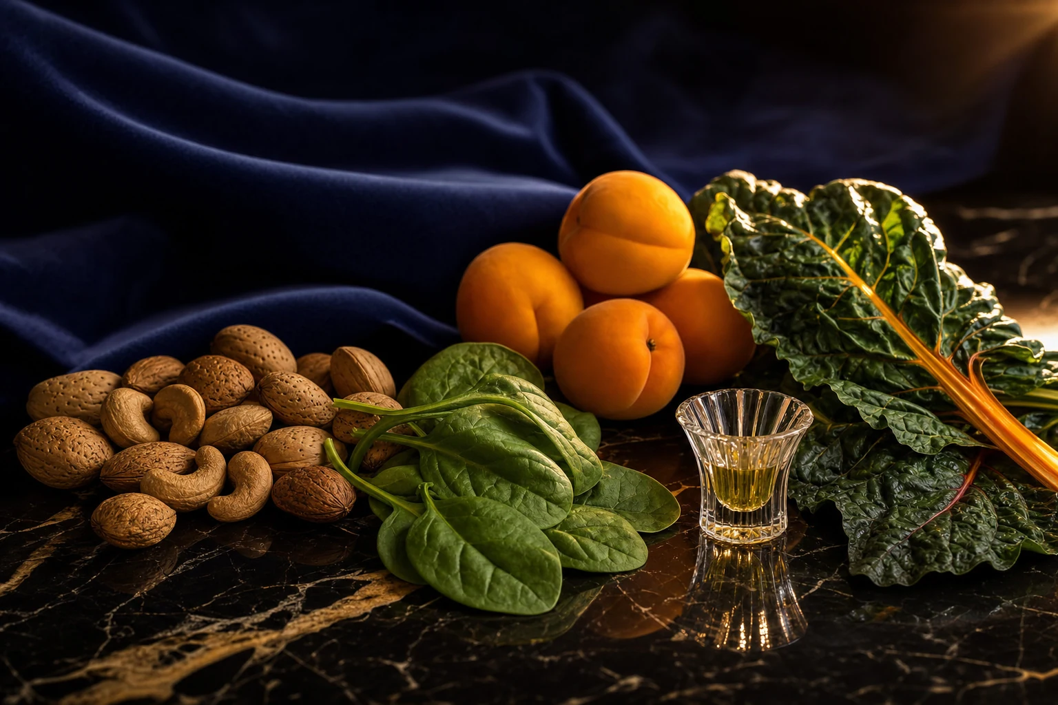 Editorial still-life on polished black marble against navy velvet: raw almonds and cashews in their shells, fresh spinach leaves, ripe golden apricots, dark chard and a crystal jigger of amber liquid, warm golden rim light
