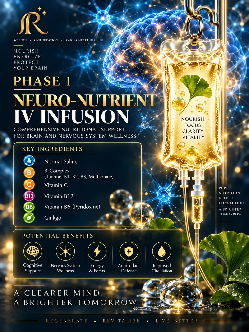 Editorial poster — Phase 1: Neuro-Nutrient IV Infusion. Golden IV bag with ginkgo leaf against luminous brain neural network. Key ingredients: normal saline, B-complex (taurine, B1, B2, B3, methionine), vitamin C, B12, B6 (pyridoxine), Ginkgo. Benefits: cognitive support, nervous-system wellness, energy and focus, antioxidant defense, improved circulation.