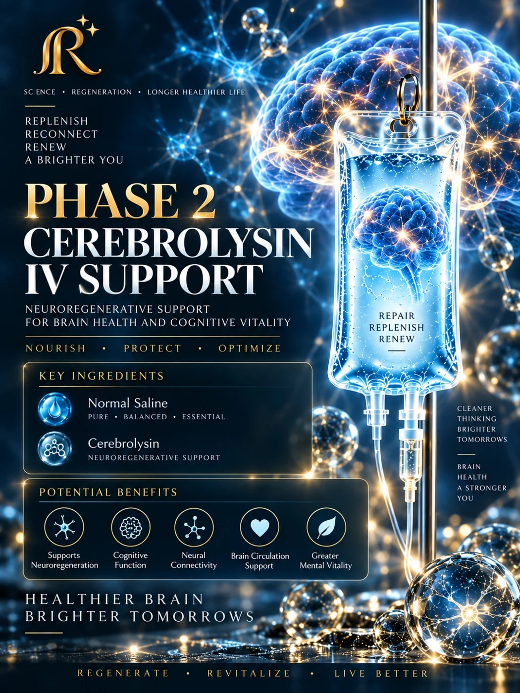 Editorial poster — Phase 2: Cerebrolysin IV Support. Blue IV bag with a luminous brain motif against a starlit neural field. Key ingredients: normal saline, Cerebrolysin (neuroregenerative support). Benefits: supports neuroregeneration, cognitive function, neural connectivity, brain circulation support, greater mental vitality.