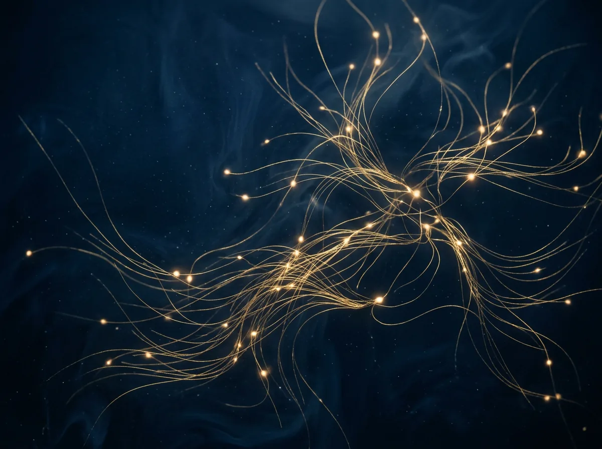 Abstract golden neural filaments and glowing nodes suspended in dark navy fluid