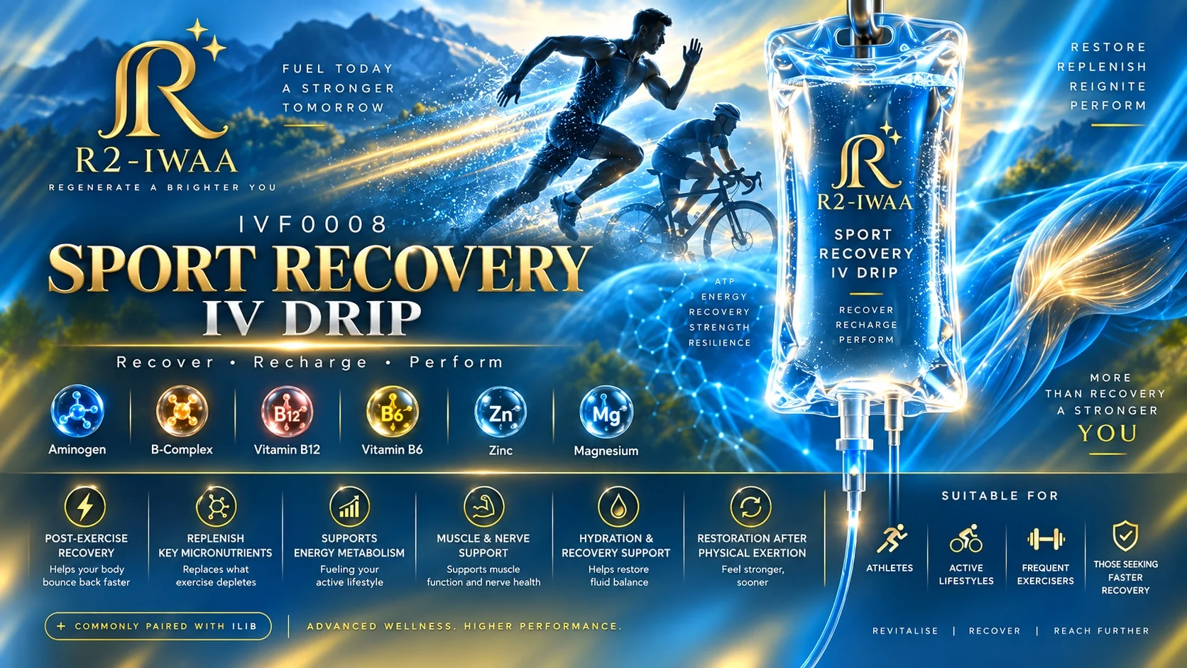 Editorial poster of R2-IWAA Sport Recovery IV Drip &mdash; IVF0008. Key ingredients: Aminogen, B-complex, vitamin B12, vitamin B6, zinc, magnesium. Benefits: post-exercise recovery, replenish key micronutrients, supports energy metabolism, muscle and nerve support, hydration and recovery support, restoration after physical exertion. Suitable for athletes, active lifestyles, frequent exercisers and those seeking faster recovery. Commonly paired with ILIB.