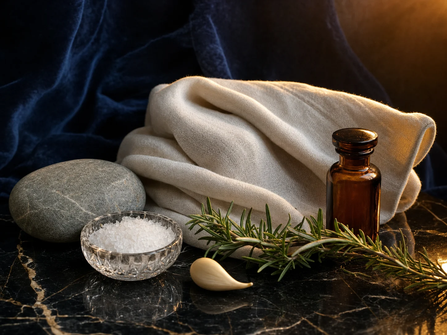 Editorial still-life on polished black marble against navy velvet: a folded ivory linen towel, a smooth grey river stone, a crystal bowl of sea salt, fresh rosemary sprig and a small amber apothecary bottle, warm golden rim light