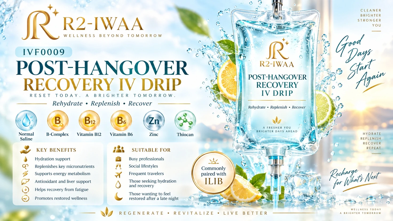 Editorial poster of R2-IWAA Post-Hangover Recovery IV Drip &mdash; IVF0009. Key ingredients: normal saline, B-complex, vitamin B12, vitamin B6, zinc, Thiocan. Benefits: hydration support, replenishes key micronutrients, supports energy metabolism, antioxidant and liver support, helps recovery from fatigue, promotes restored wellness. Suitable for busy professionals, social lifestyles, frequent travelers, those seeking hydration and recovery, and those wanting to feel restored after a late night. Commonly paired with ILIB.