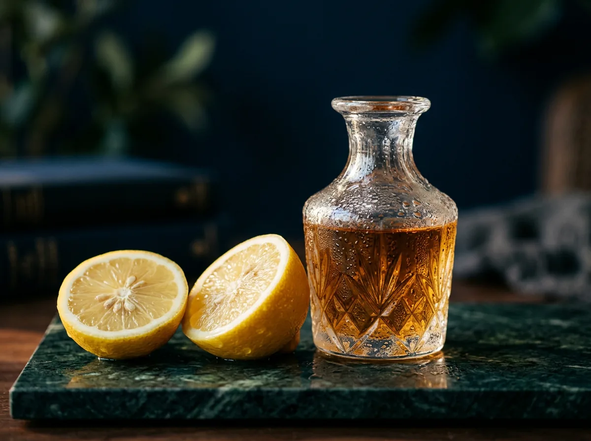 A crystal-cut carafe of amber liquid and lemon halves on a dark emerald marble slab