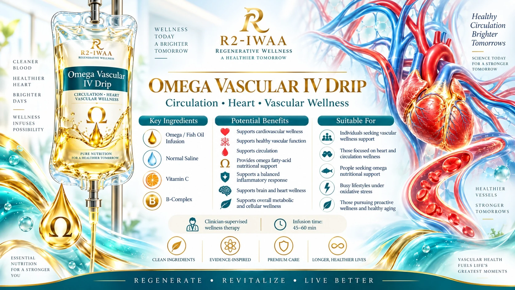 Editorial poster of R2-IWAA Omega Vascular IV Drip &mdash; IVF0010. Circulation, heart, vascular wellness. Key ingredients: omega / fish-oil infusion, normal saline, vitamin C, B-complex. Potential benefits: supports cardiovascular wellness, healthy vascular function, circulation, omega fatty-acid nutritional support, balanced inflammatory response, brain and heart wellness, overall metabolic and cellular wellness. Suitable for individuals seeking vascular wellness support, those focused on heart and circulation wellness, people seeking omega nutritional support, busy lifestyles under oxidative stress, and those pursuing proactive wellness and healthy aging. Clinician-supervised wellness therapy, infusion time 45 to 60 minutes.