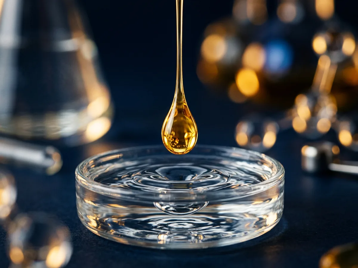 A single golden omega oil droplet falling into a shallow crystal dish with warm gold bokeh