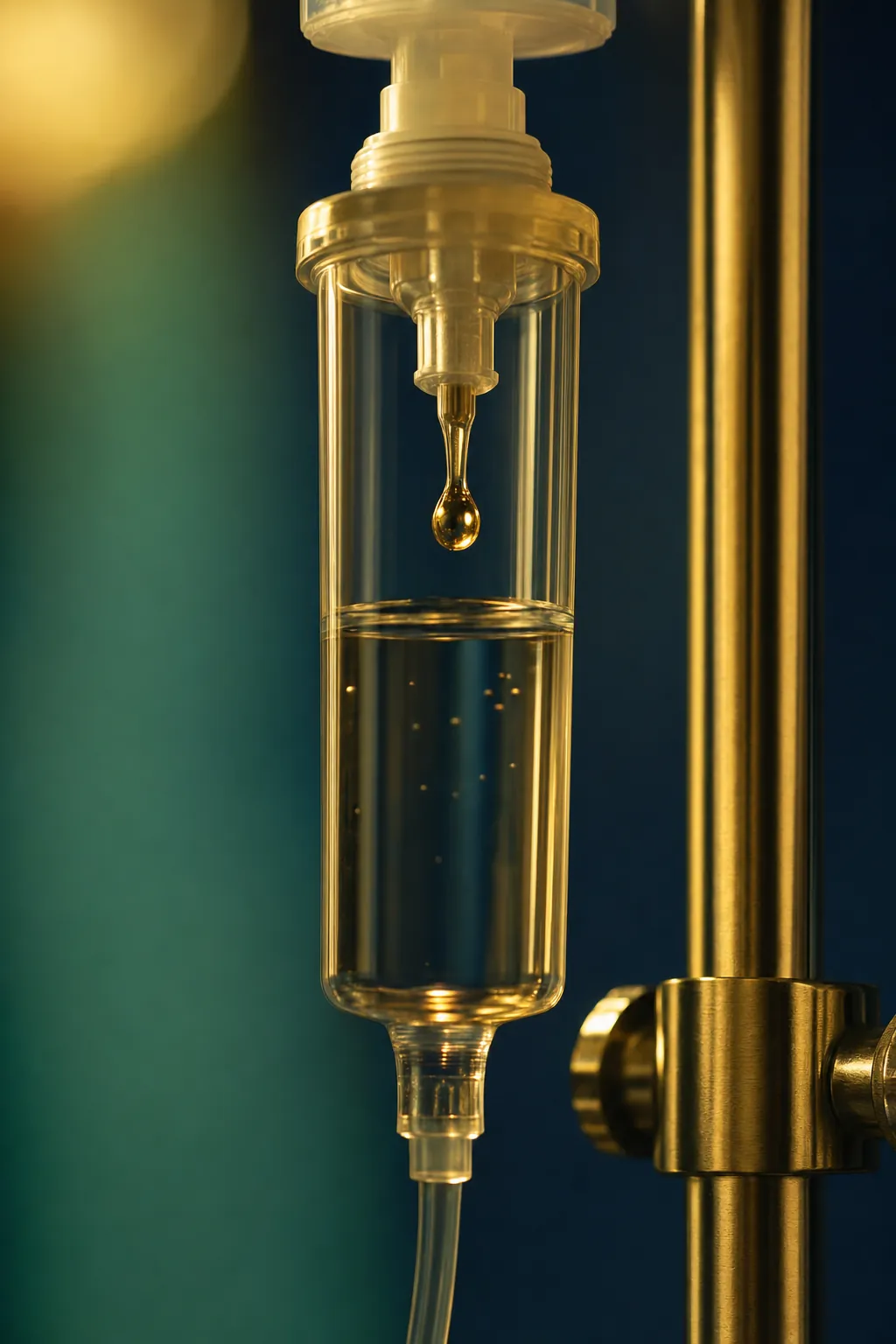 Close view of a golden droplet forming in an intravenous drip chamber