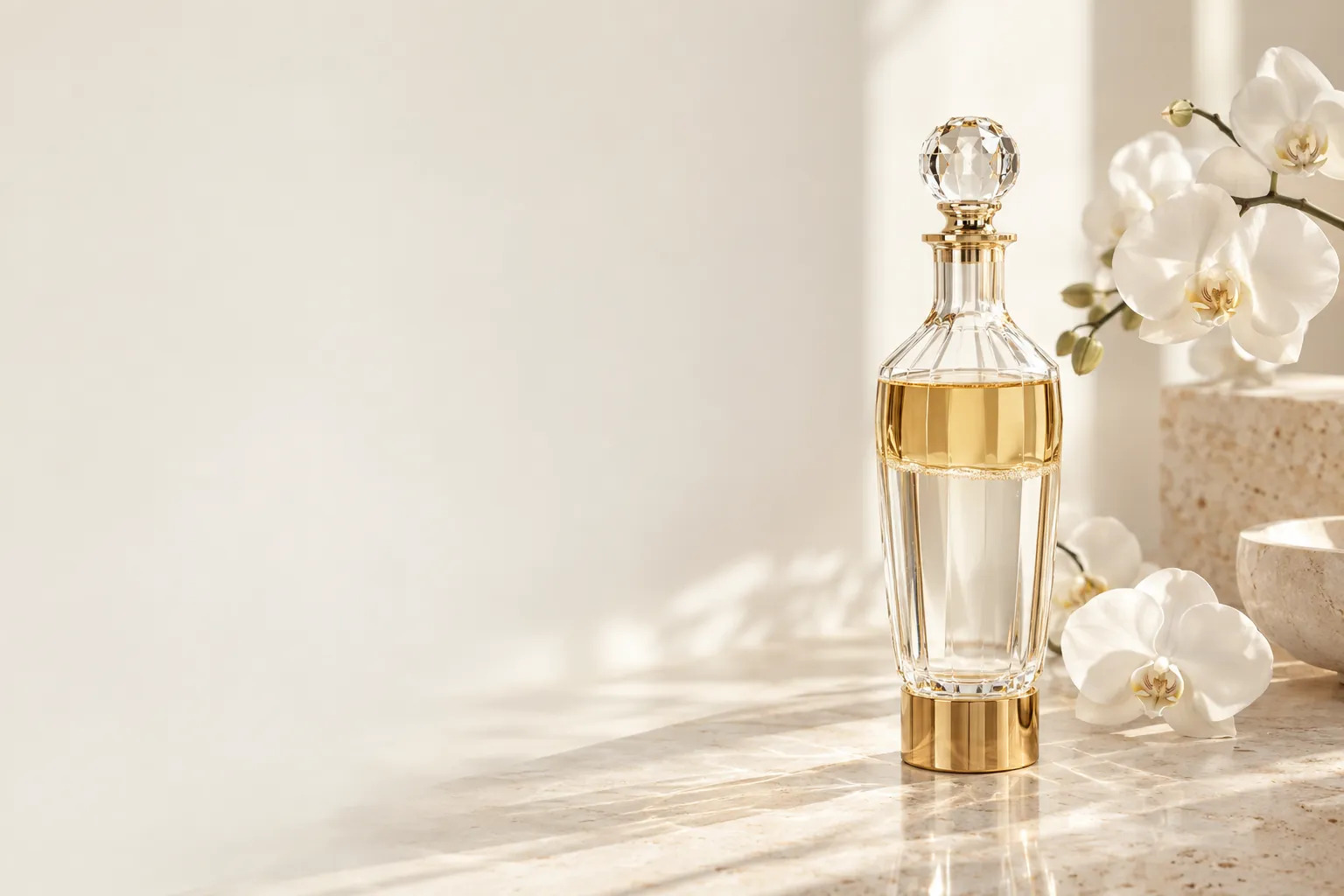A crystal decanter of gently separating clear and pale golden layers beside white orchids