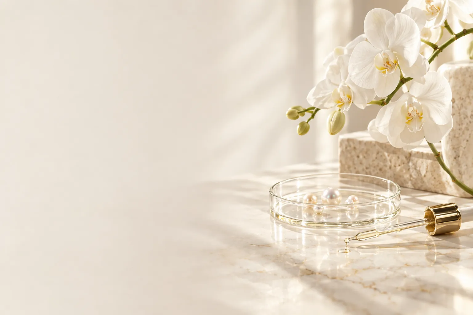 A glass petri dish with luminous pearls and a gold pipette on cream marble beside white orchids