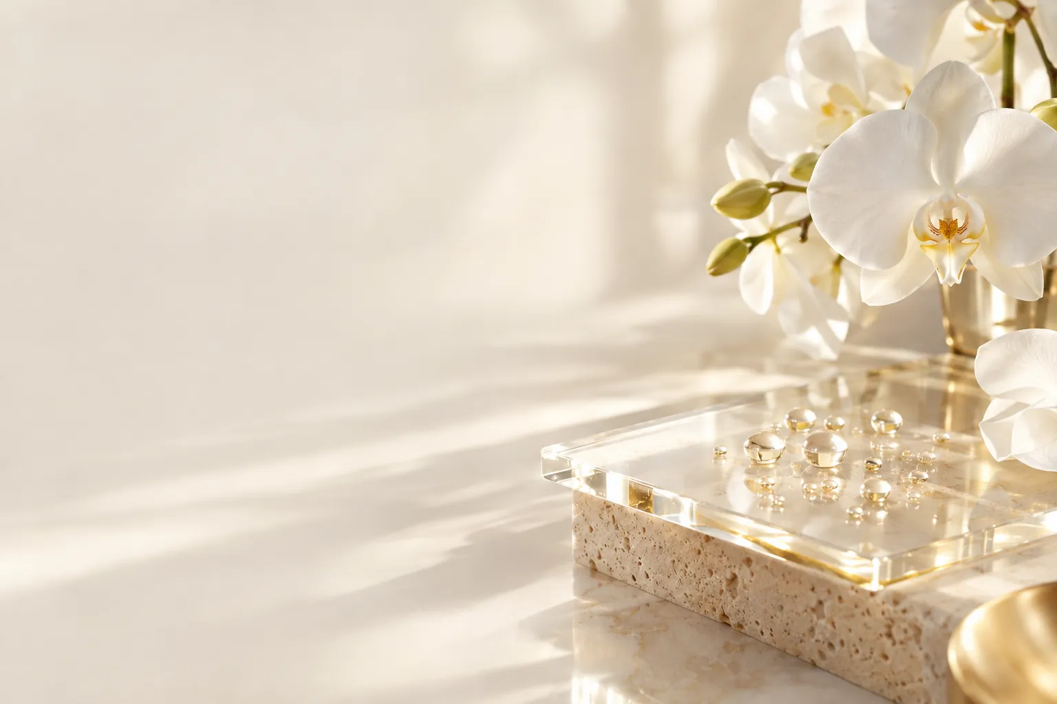 Pearl-like droplets on clear glass catching golden light beside white orchids