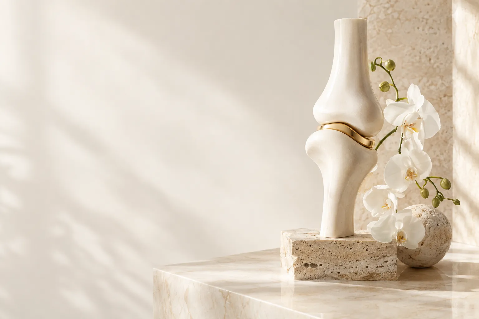 Smooth sculptural ivory stone forms with a gold accent and white orchids on travertine