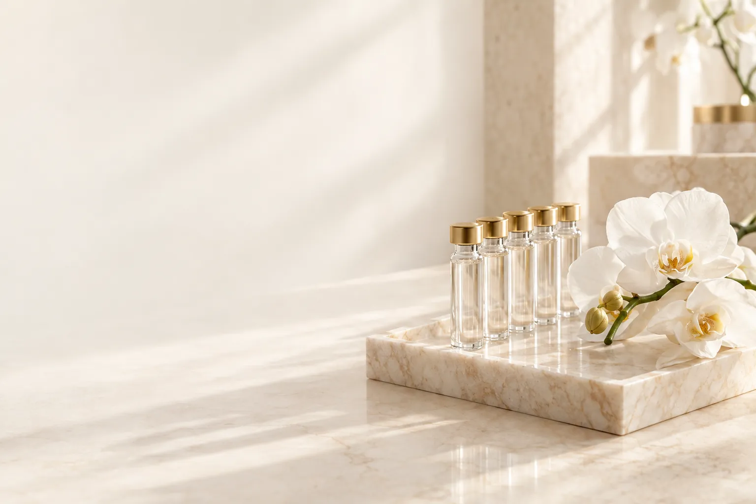 Slender glass vials with gold caps on a cream marble tray beside white orchids