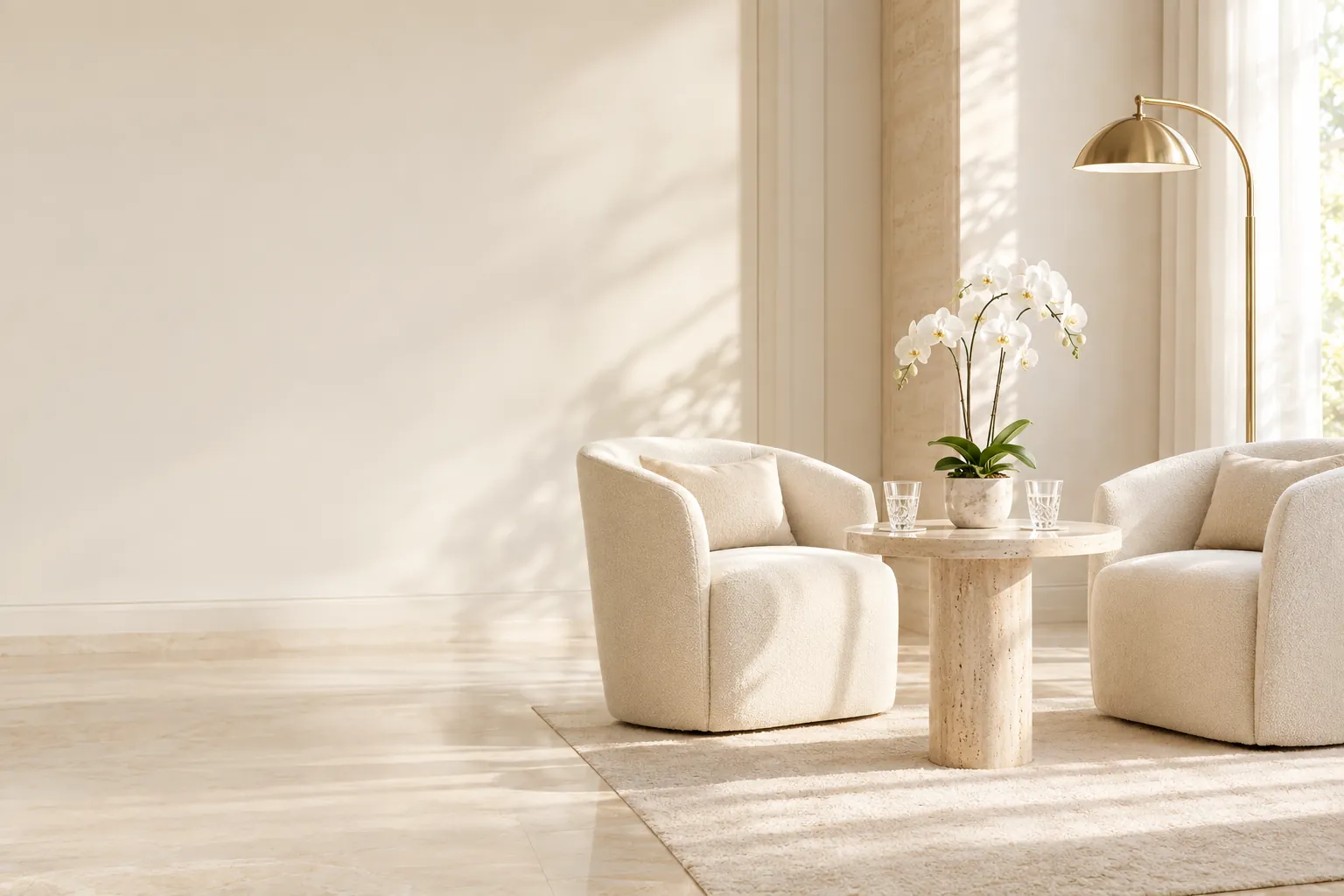 Two cream armchairs facing a travertine table with a white orchid in a light consultation room