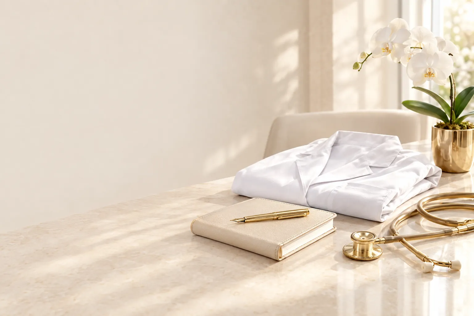An ivory physician's desk with a folded white coat, gold stethoscope, notebook and a white orchid
