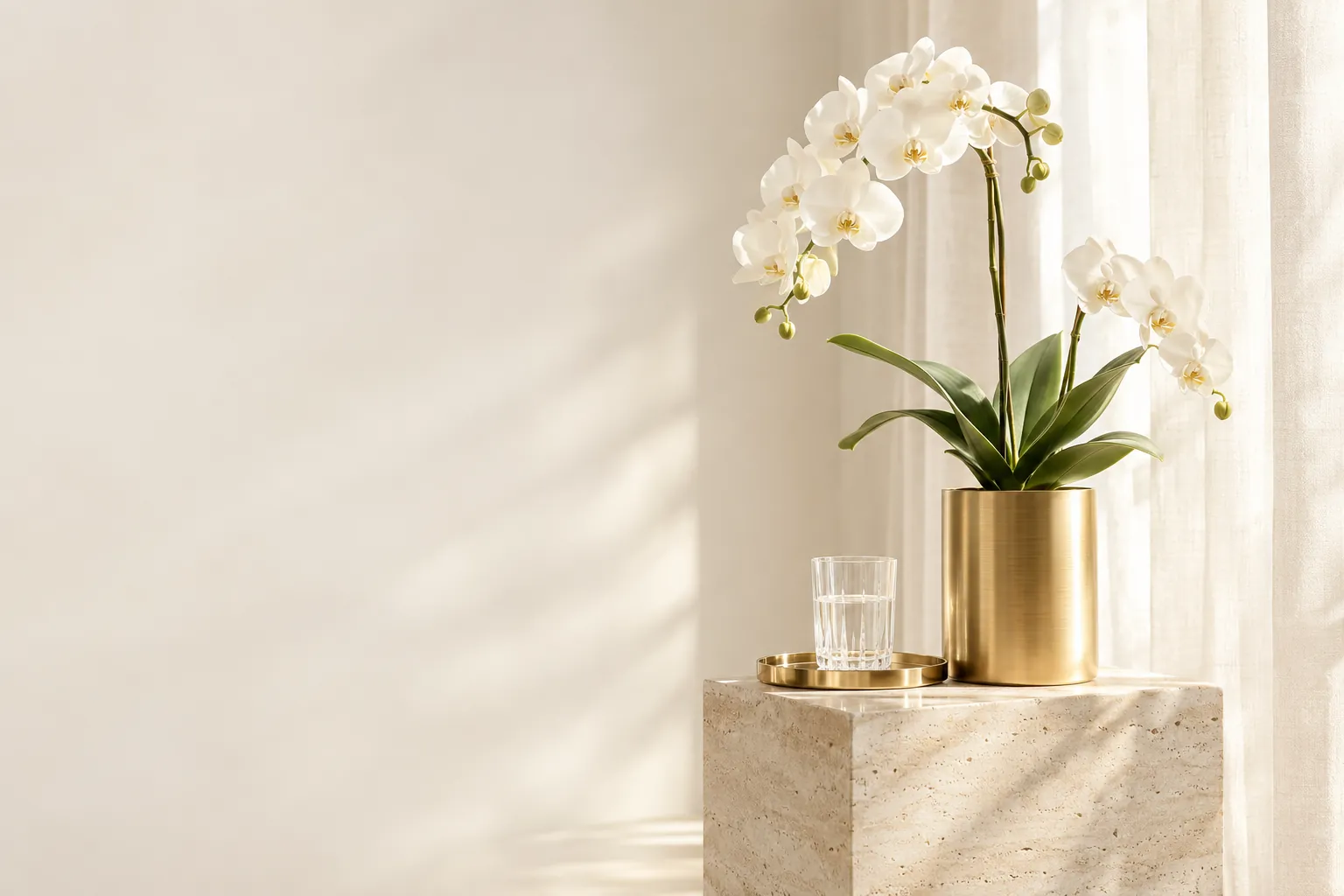 A white phalaenopsis orchid in a gold vessel on an ivory travertine plinth in soft morning light