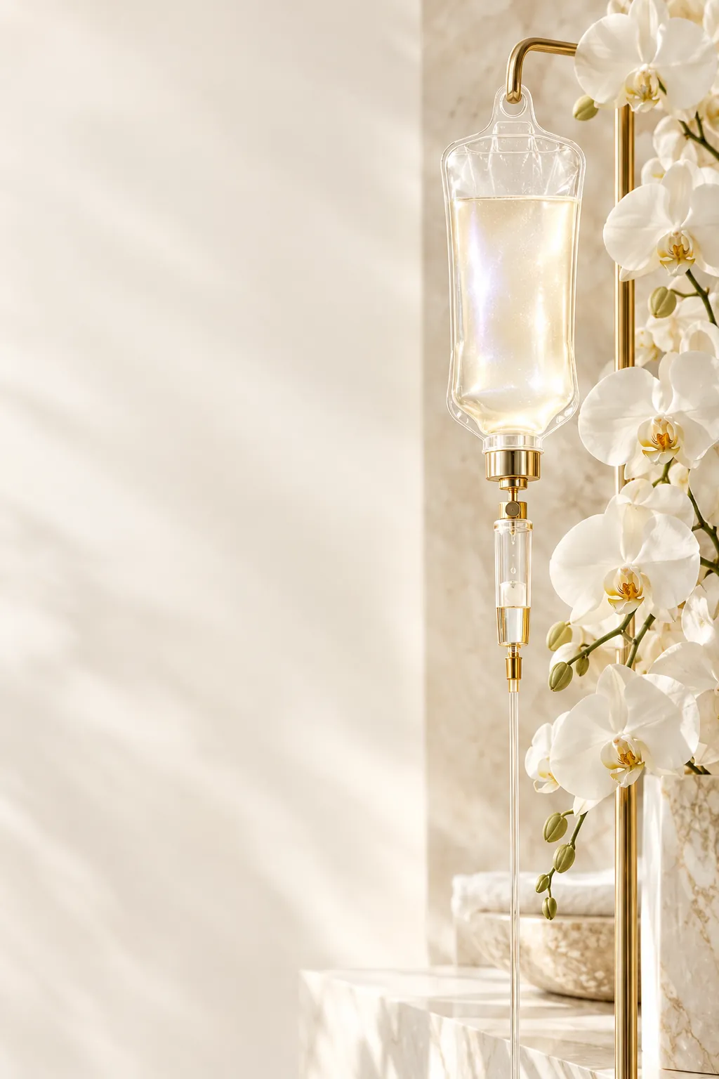 A clear IV drip bag of pearly liquid with gold fittings beside cascading white orchids