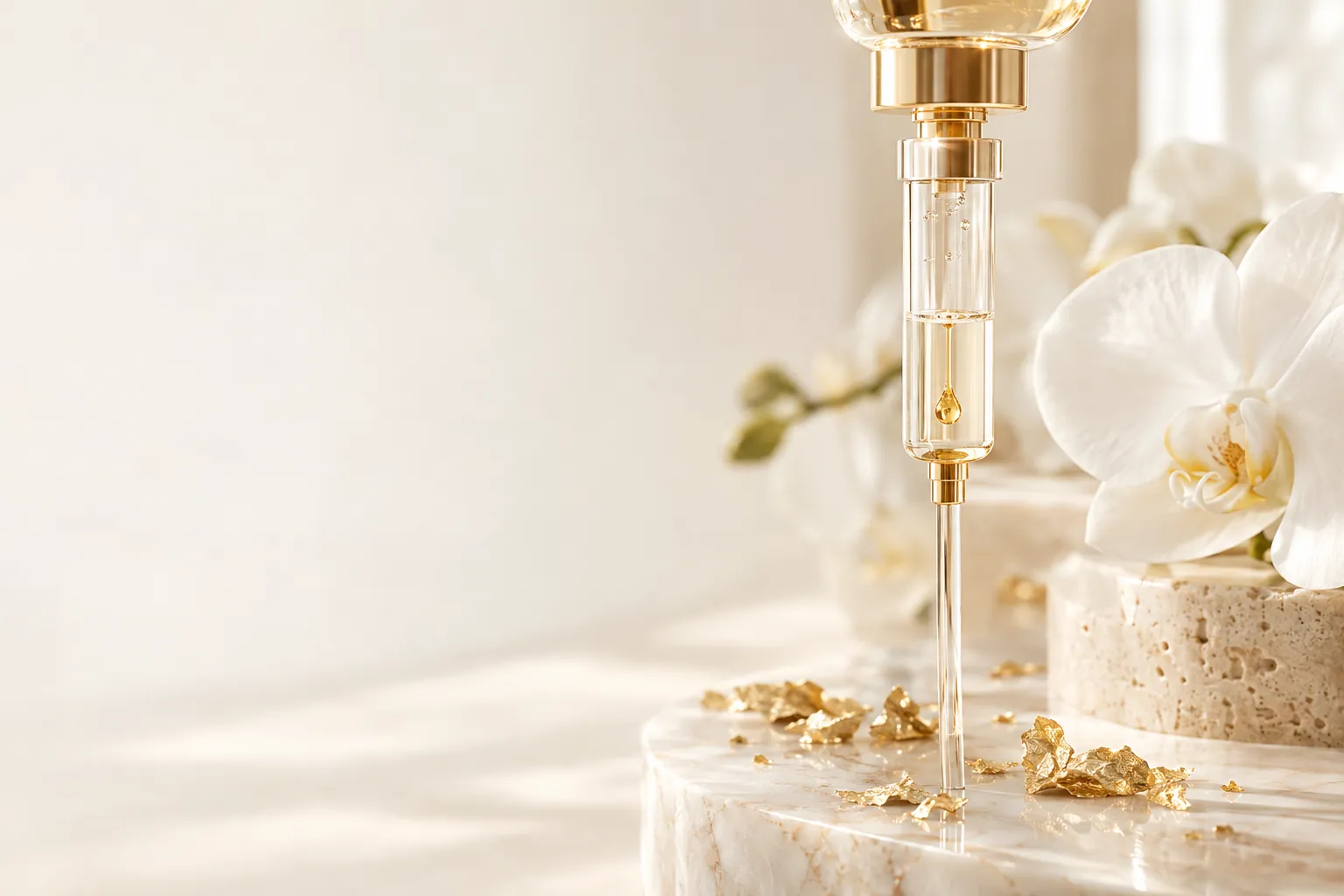 A crystal drip chamber with a golden droplet, gold-leaf flakes and white orchids on ivory marble