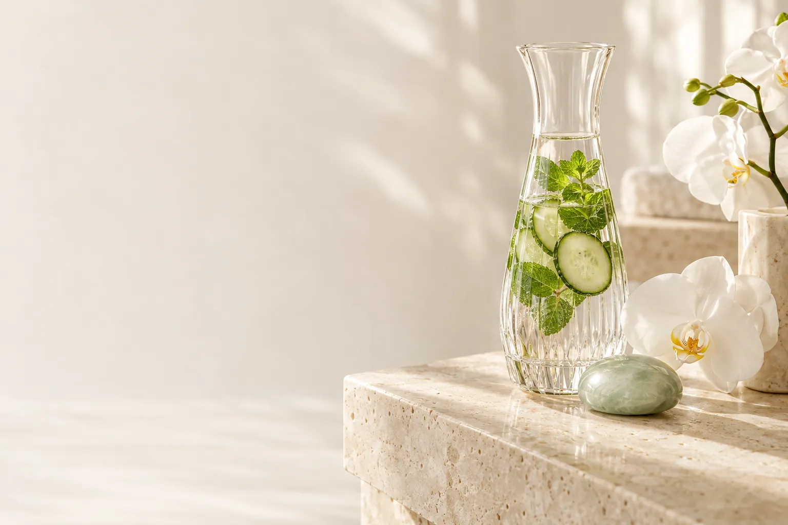 A crystal carafe of water with mint and cucumber beside a jade stone and white orchids