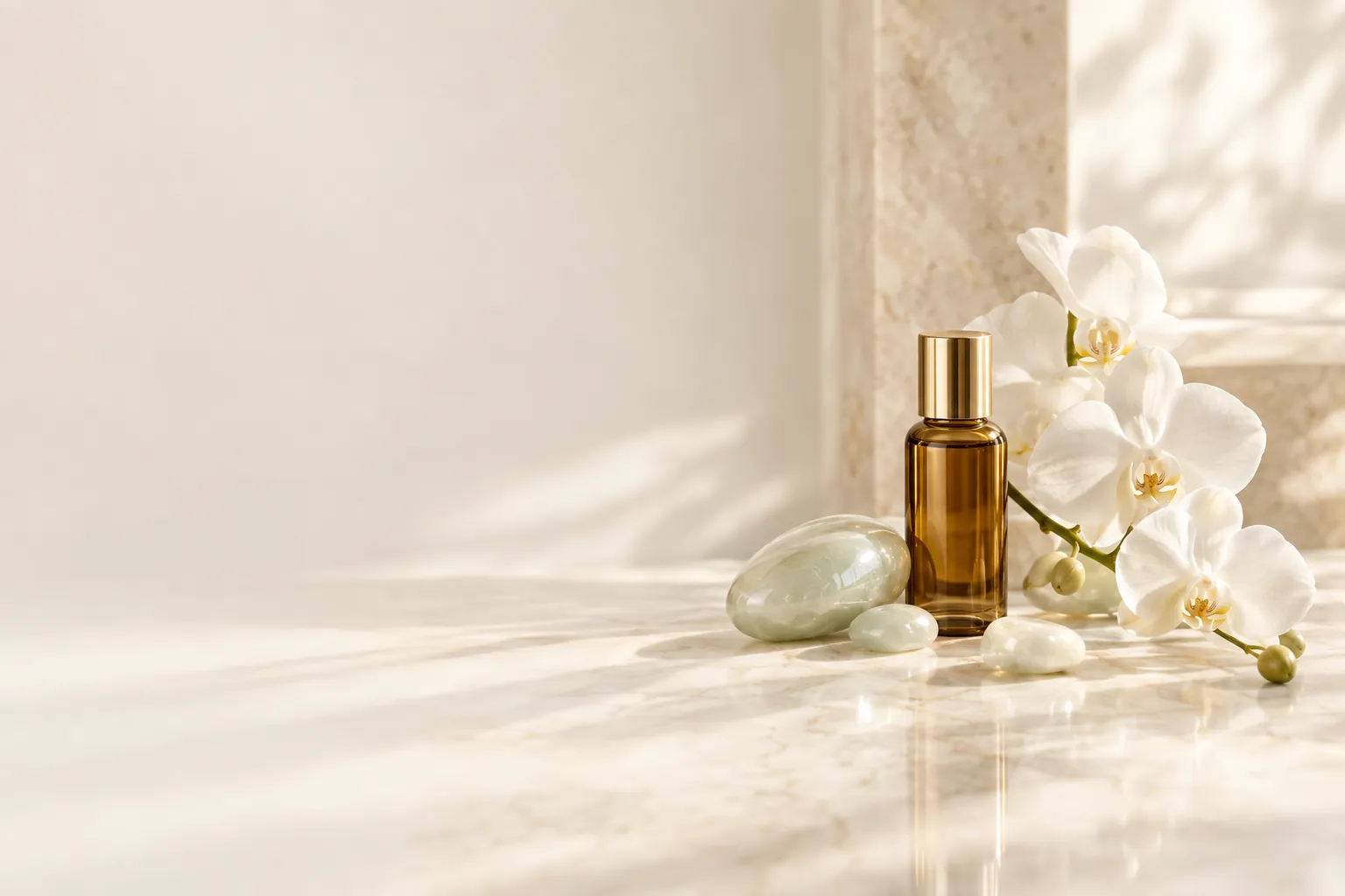 An amber apothecary bottle with a gold cap, pale jade stones and white orchids on cream marble