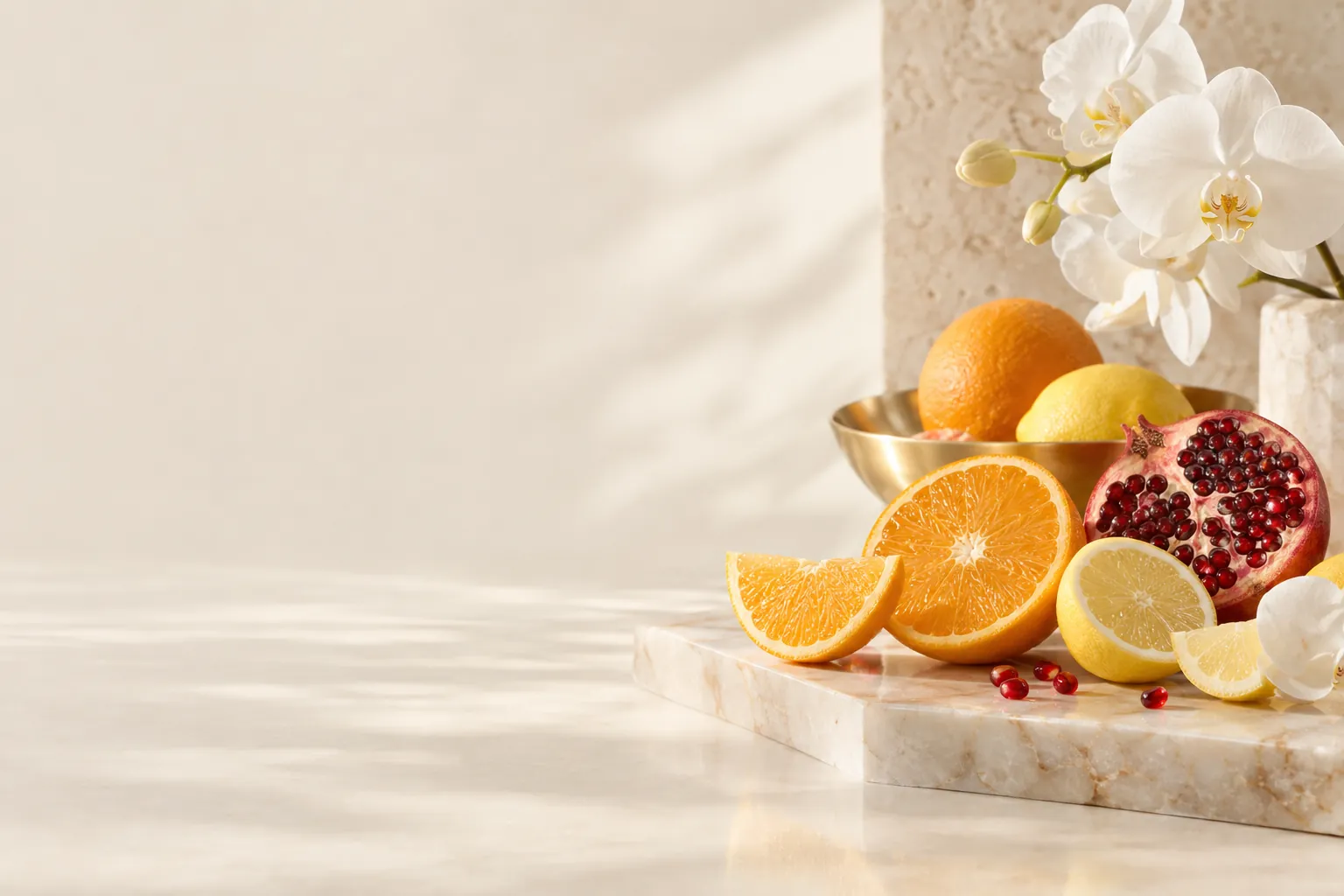 Sliced oranges, lemons and pomegranate on cream marble with a gold dish and white orchids