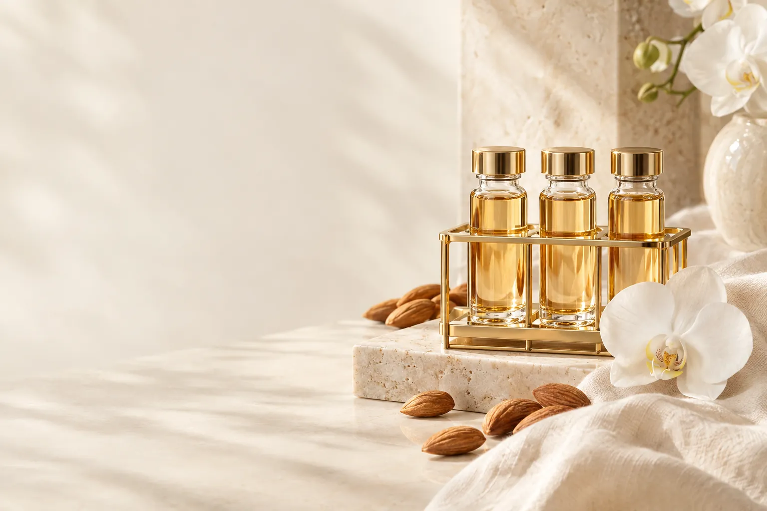 Crystal vials of golden liquid in a gold rack with almonds and white orchids on ivory linen