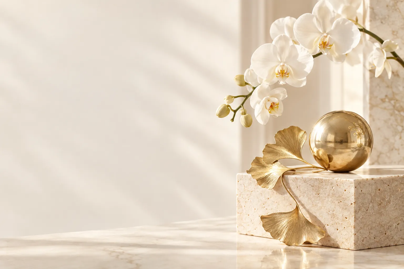 Gold ginkgo leaves and a brass sphere on ivory travertine beneath white orchids