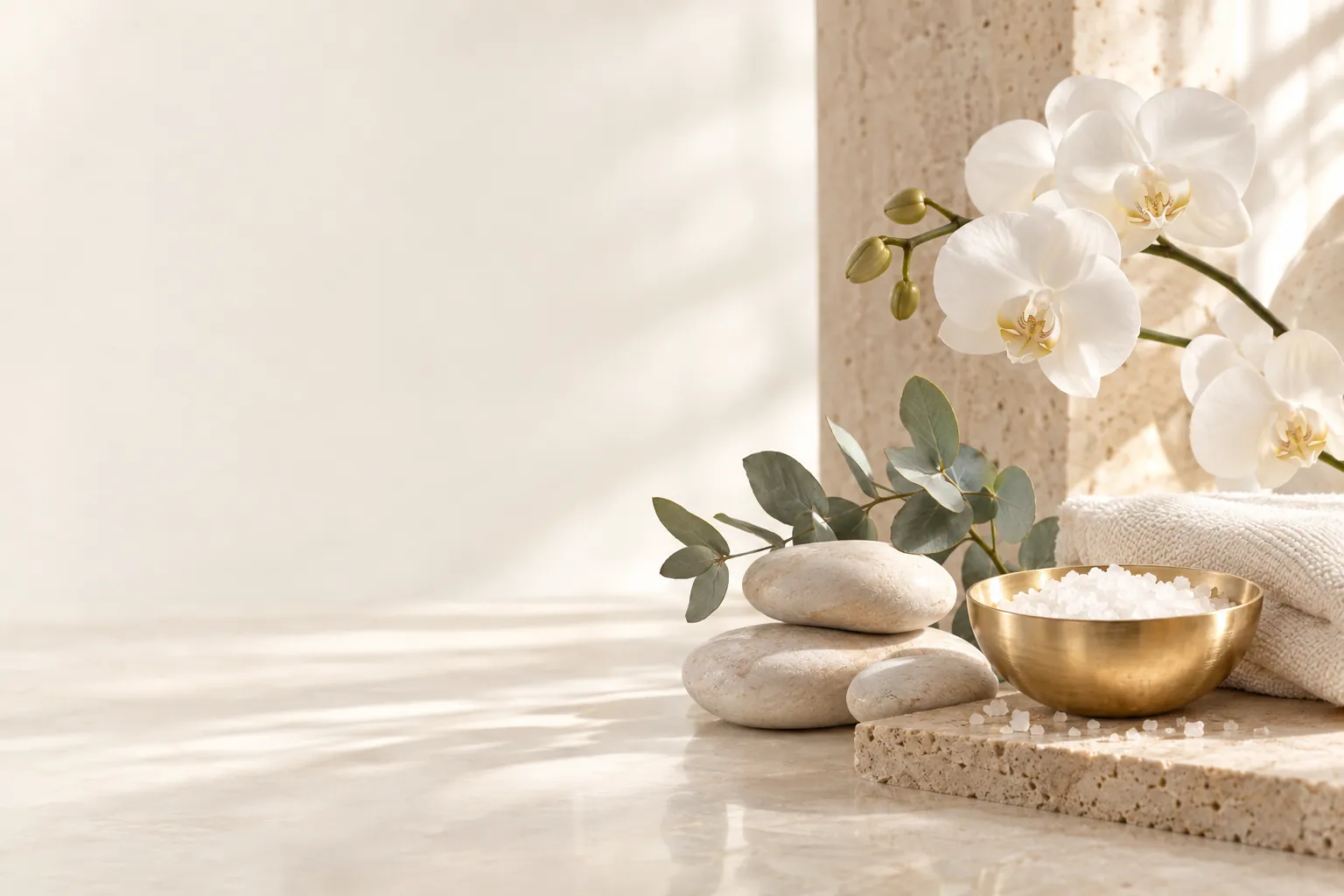 Pale river stones, eucalyptus, sea salt in a gold bowl and folded linen beside white orchids