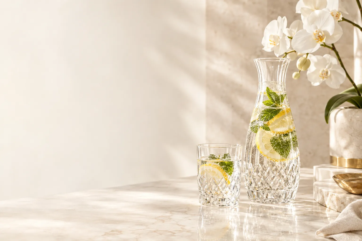 A crystal carafe of sparkling water with lemon and mint beside white orchids on ivory marble