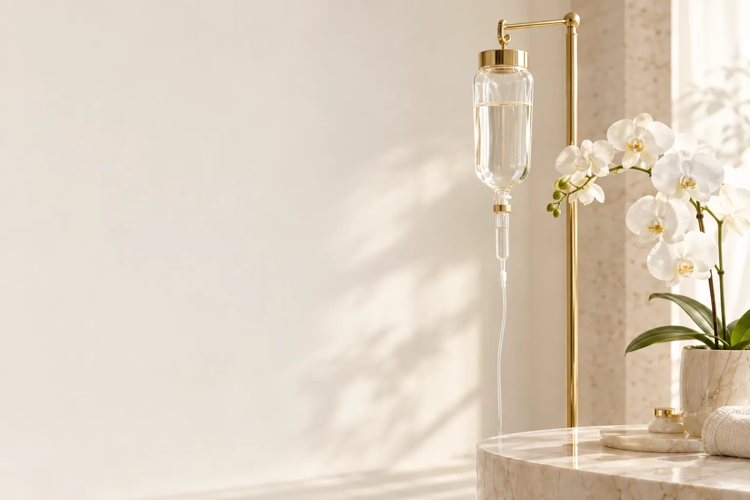 A clear IV drip bag on a slim gold stand beside white orchids on cream marble
