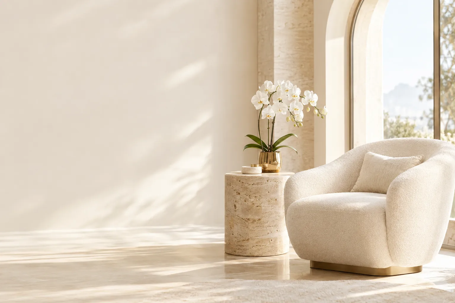 A serene ivory clinic lounge with a cream armchair and white orchid by an arched window