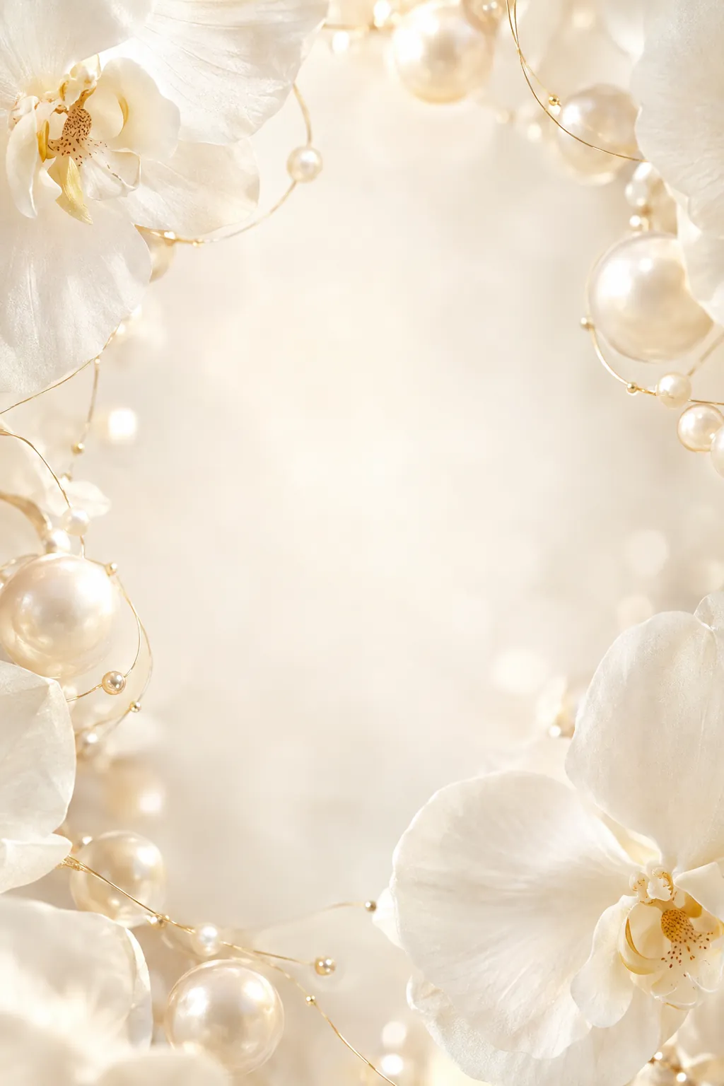 White orchid petals and pearlescent spheres joined by fine golden filaments