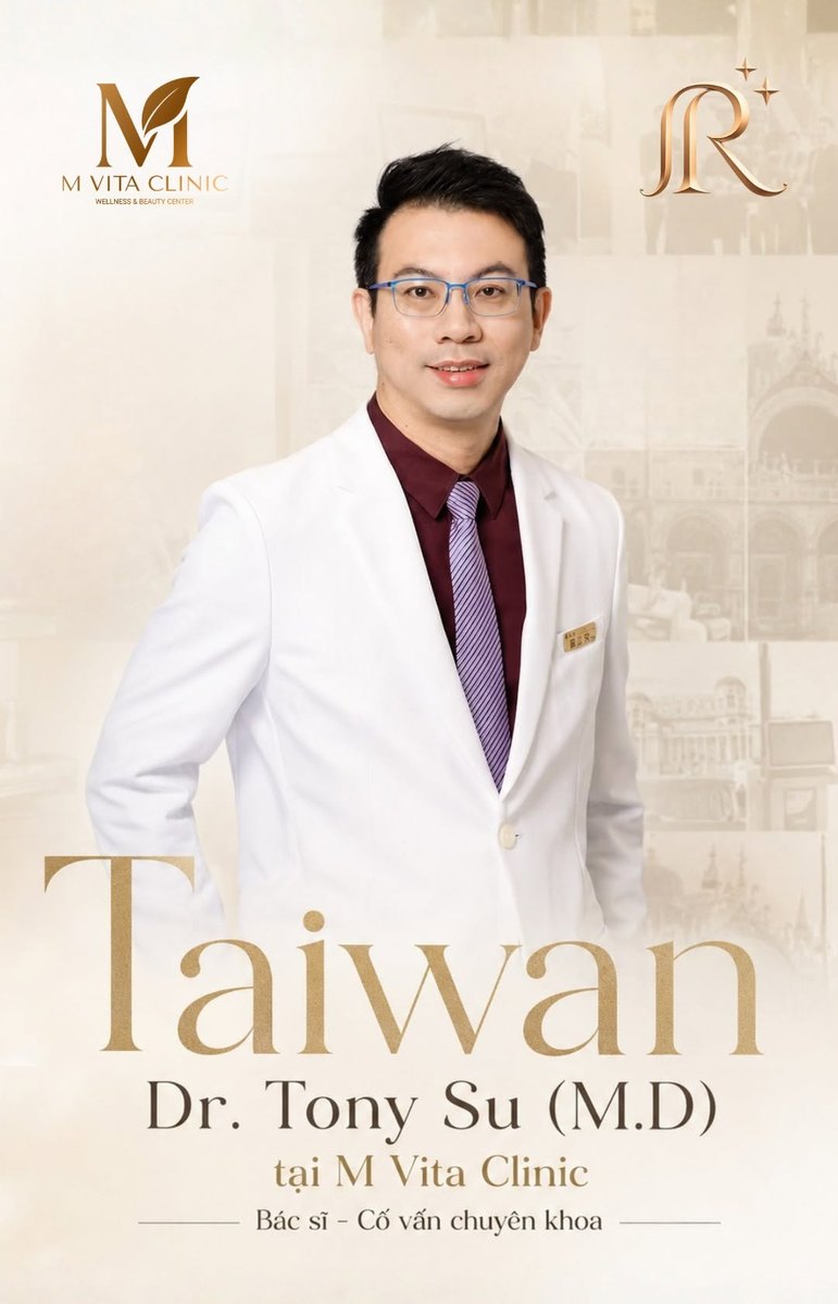 Grand-opening announcement introducing Dr. Tony Su (Taiwan) as visiting specialist consultant at M VITA Clinic, co-branded with R2-IWAA.