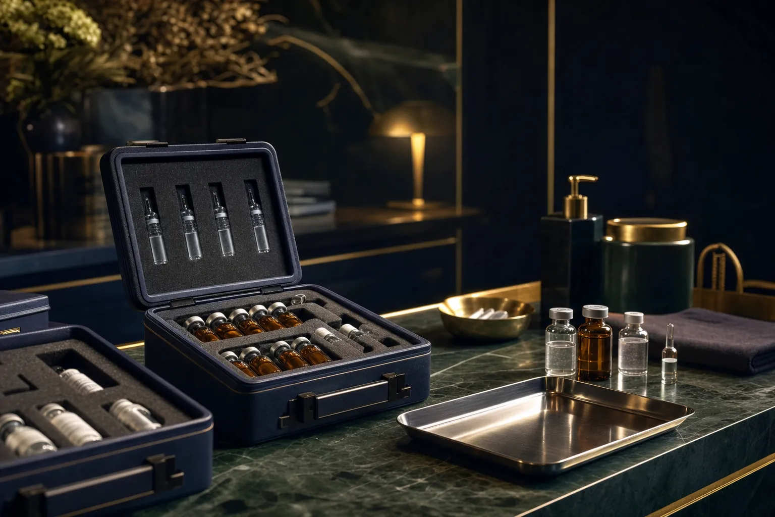 Cold-chain transport cases with labelled vials prepared for dispatch