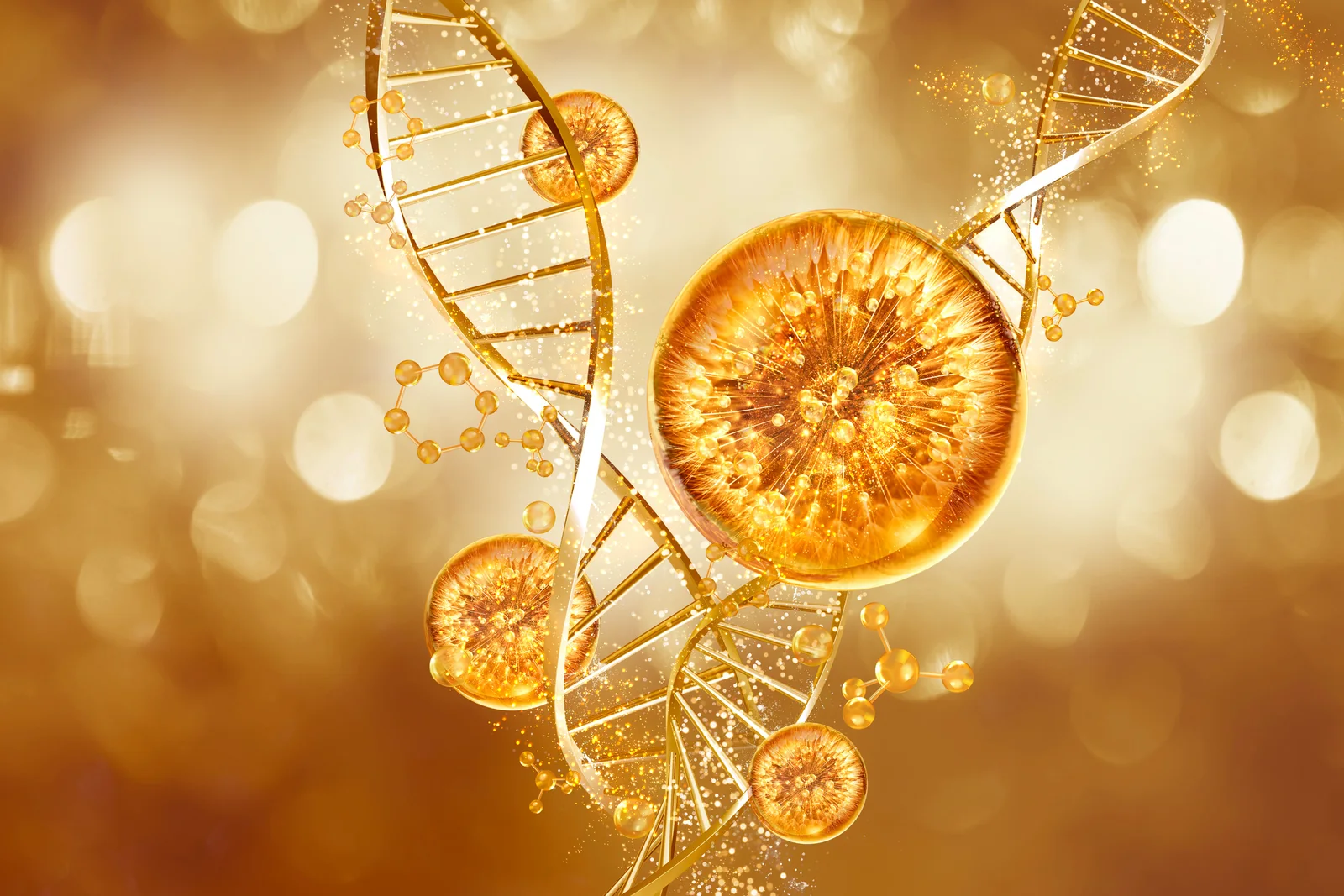 Golden exosome vesicles drifting beside a gold DNA helix
