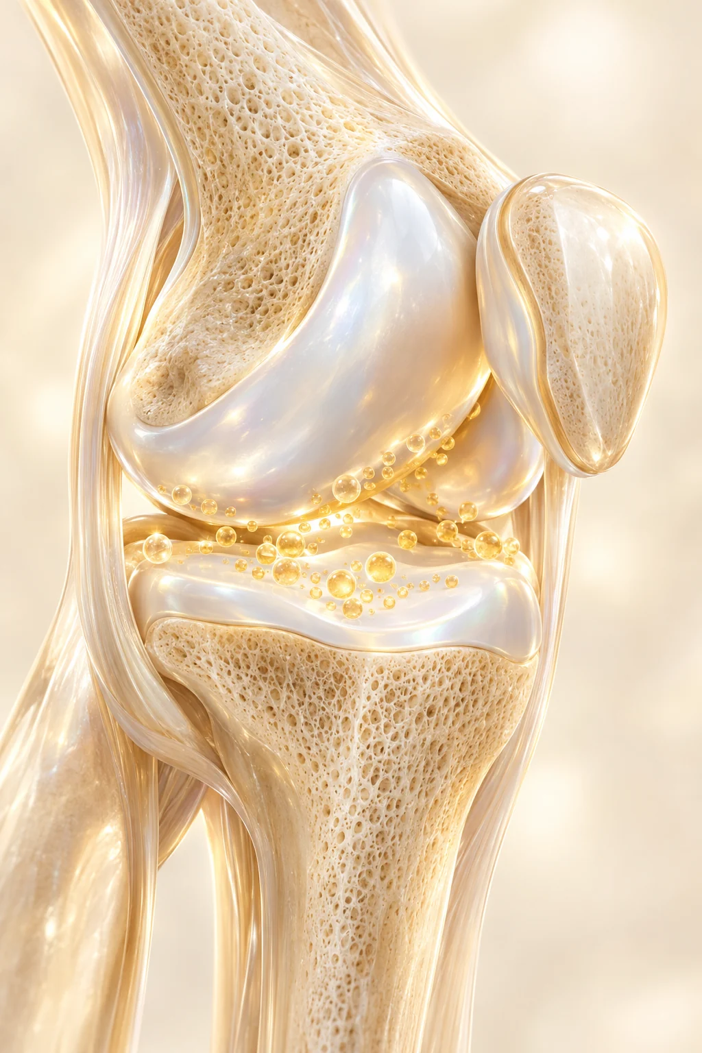 Illustration of a knee joint with smooth pearlescent cartilage and golden exosome vesicles gathering in the joint space